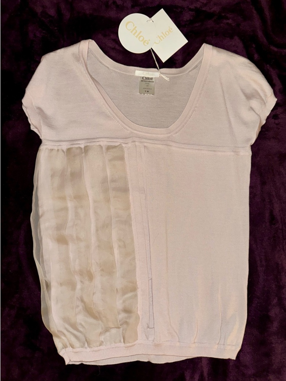 Chloé Pale Pink Short Sleeve Cashmere and Silk Pleated Blouse